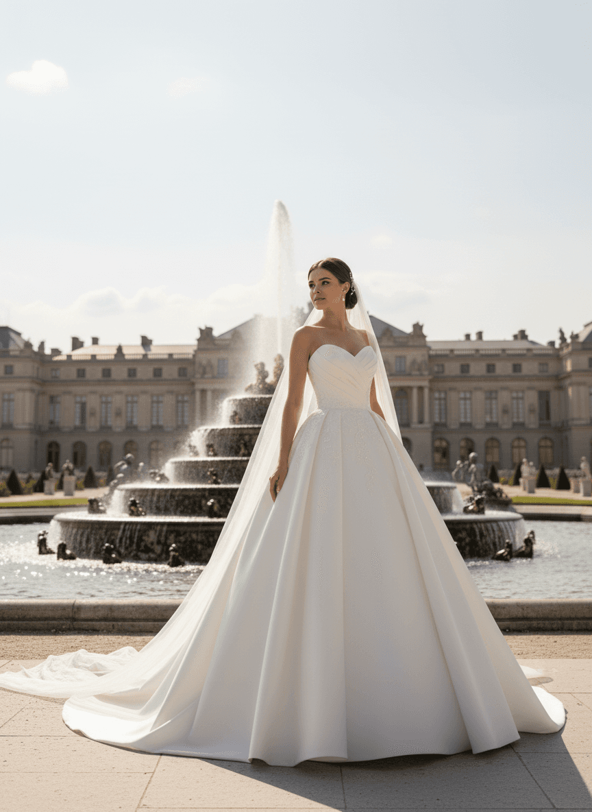 Vue de profil d'une robe de mariée princesse luxe avec jupe volumineuse