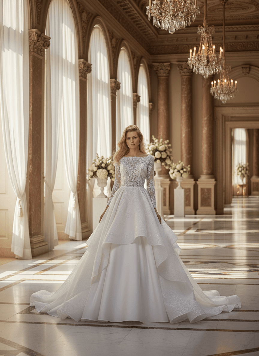 Vue de face d'une robe de mariée princesse manches longues en dentelle