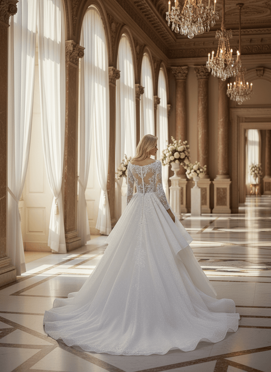 Vue de dos d'une robe de mariée princesse avec manches longues et traîne élégante