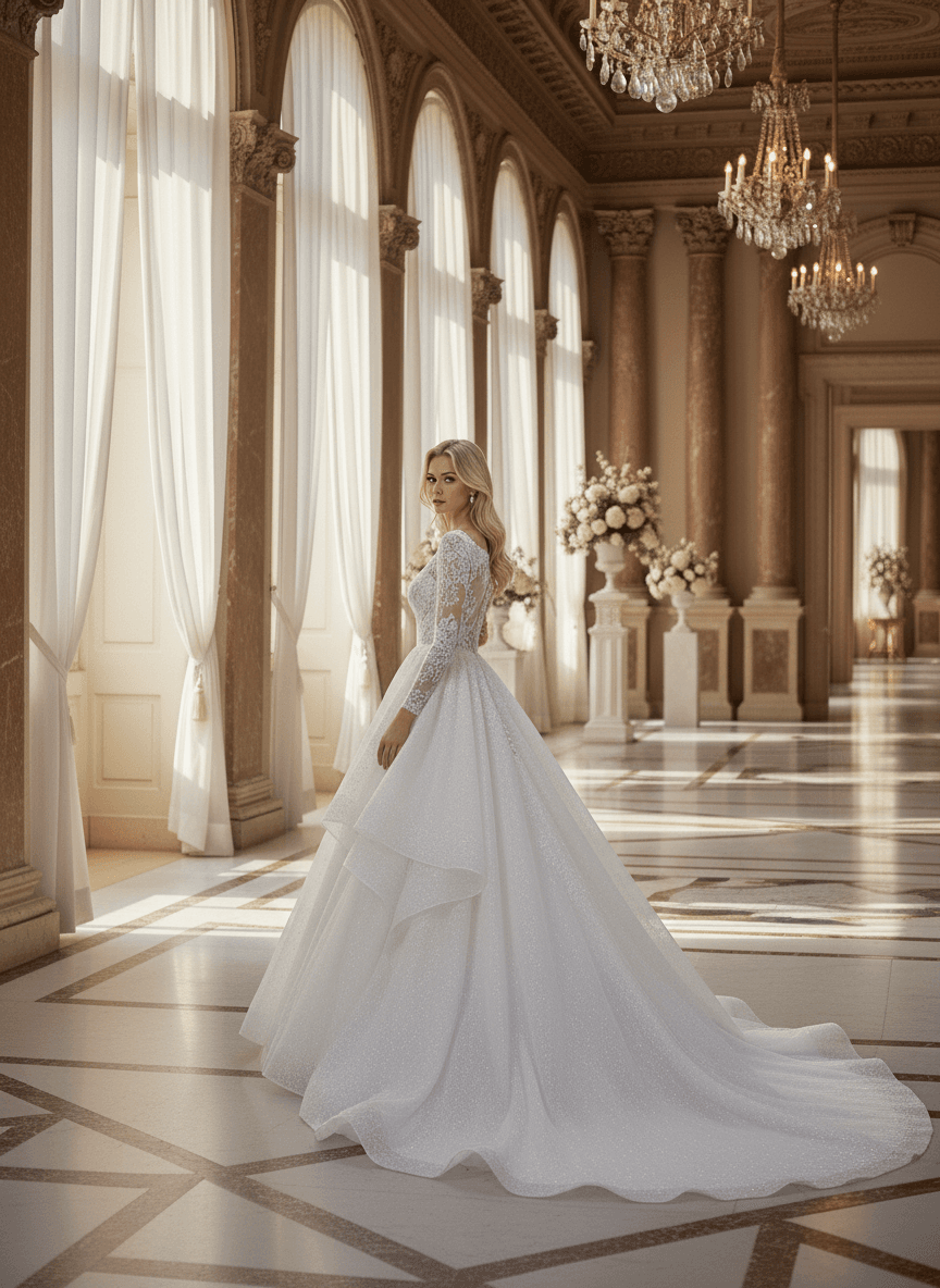 Vue de profil d'une robe de mariée princesse manches longues raffinée