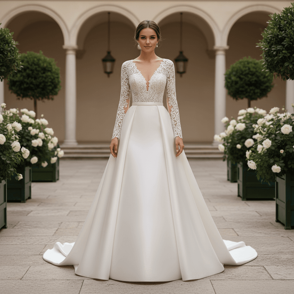 Vue de face d'une robe de mariée princesse manches longues en dentelle