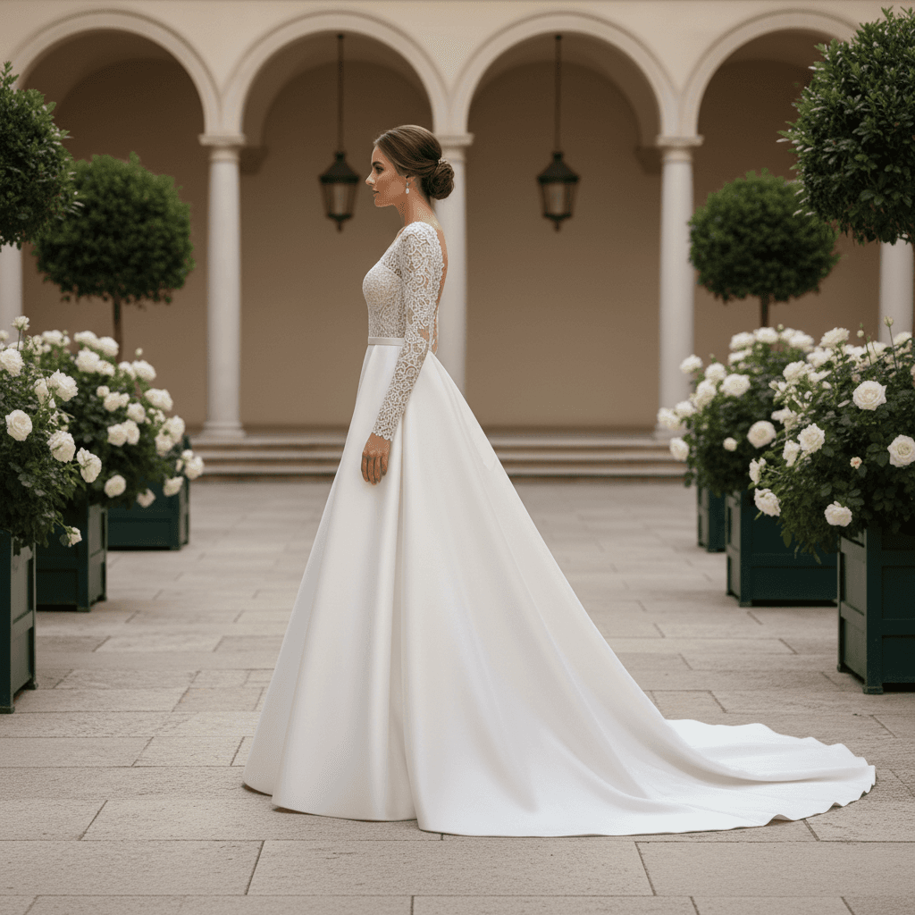 Vue de profil d'une robe de mariée princesse manche longue avec jupe ample