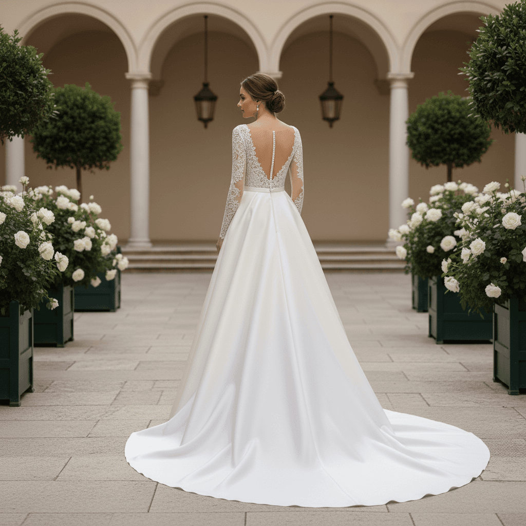 Vue de dos d'une robe de mariée princesse manche longue dentelle et dos en V