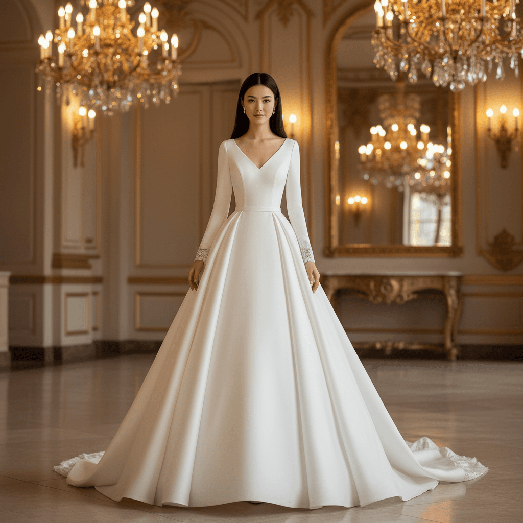 Vue de face d'une robe de mariée princesse manches longues