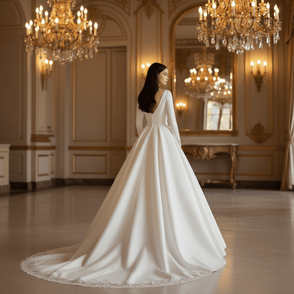 Vue de dos d'une robe de mariée princesse à manches longues avec traîne