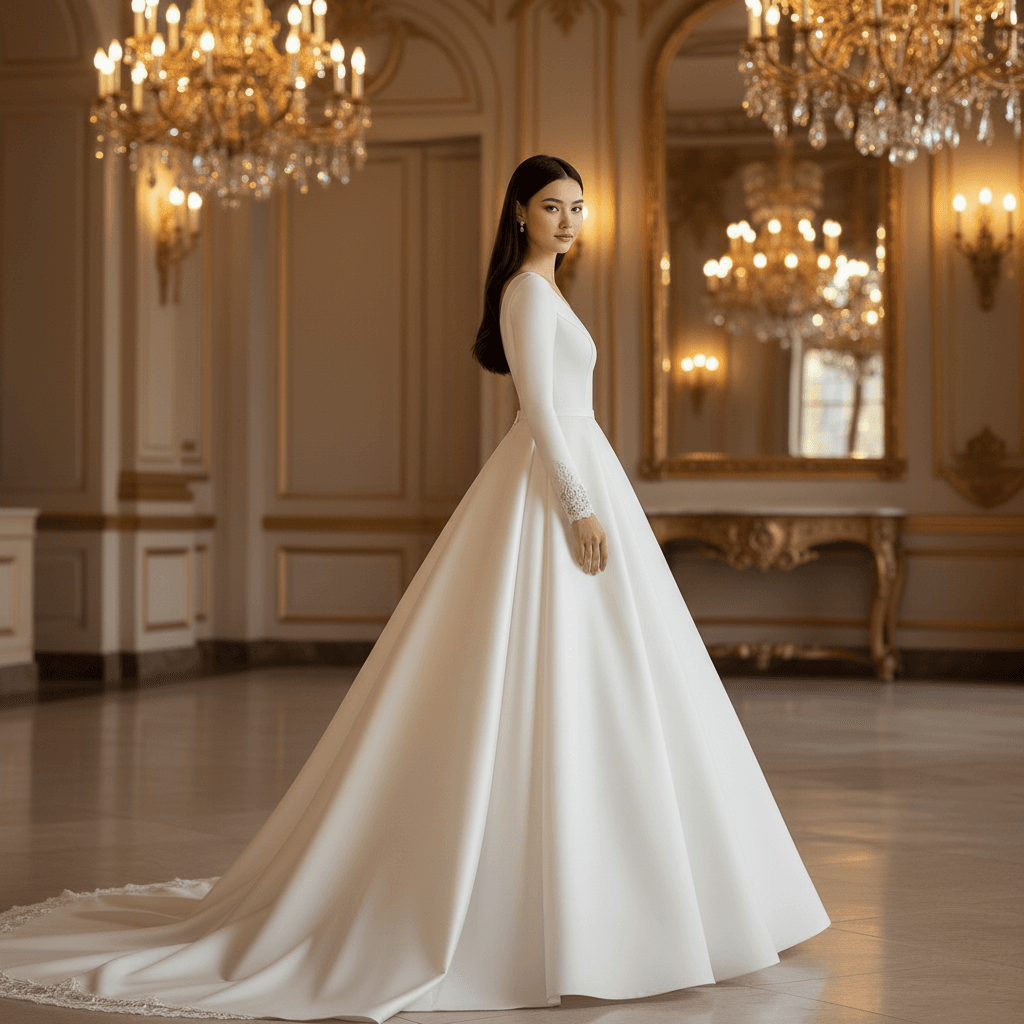 Vue de profil d'une robe de mariée princesse élégante à manches longues