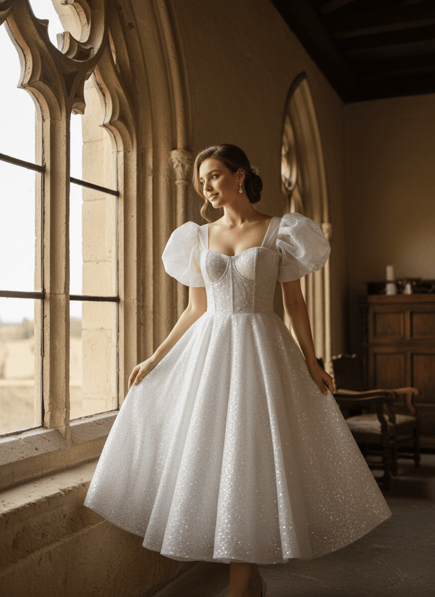 Vue de face d'une robe de mariée princesse paillette avec manches bouffantes