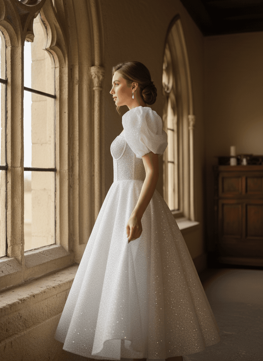 Vue de profil d'une robe princesse scintillante ornée de paillettes