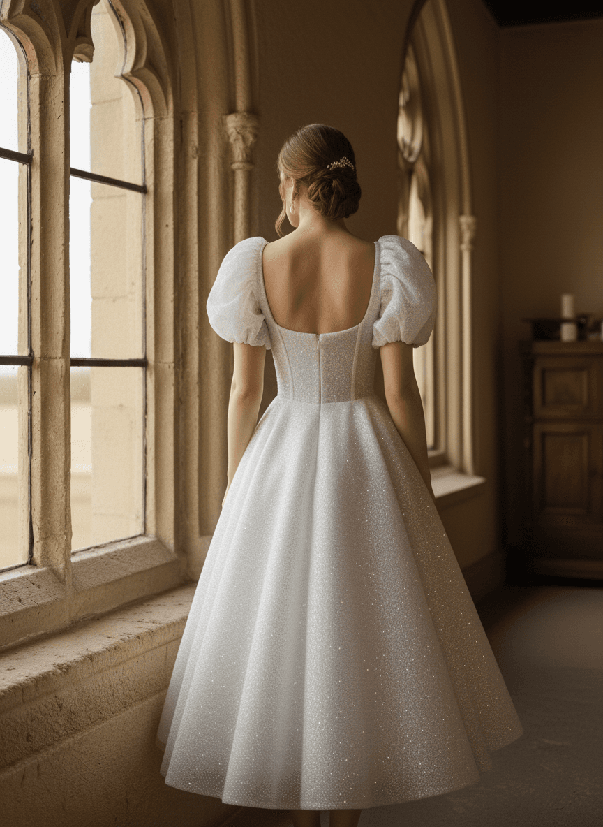 Vue de dos d'une robe de mariée princesse à manches bouffantes avec paillettes