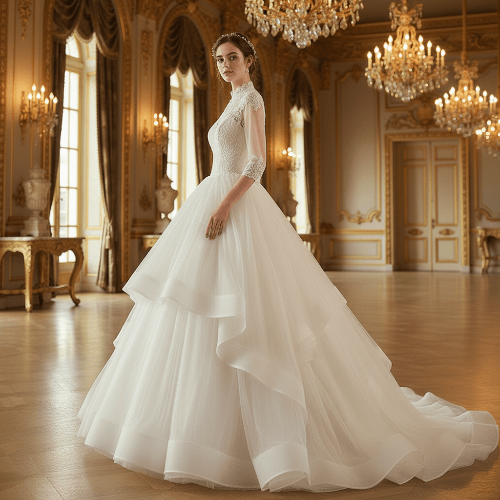 Vue de profil d'une robe princesse vintage en tulle à étages