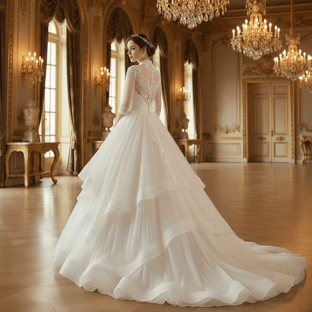 Vue de dos d'une robe de mariée princesse vintage avec traîne