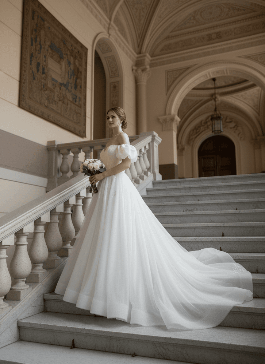 Vue de profil d'une robe de mariée princesse volumineuse sur escalier