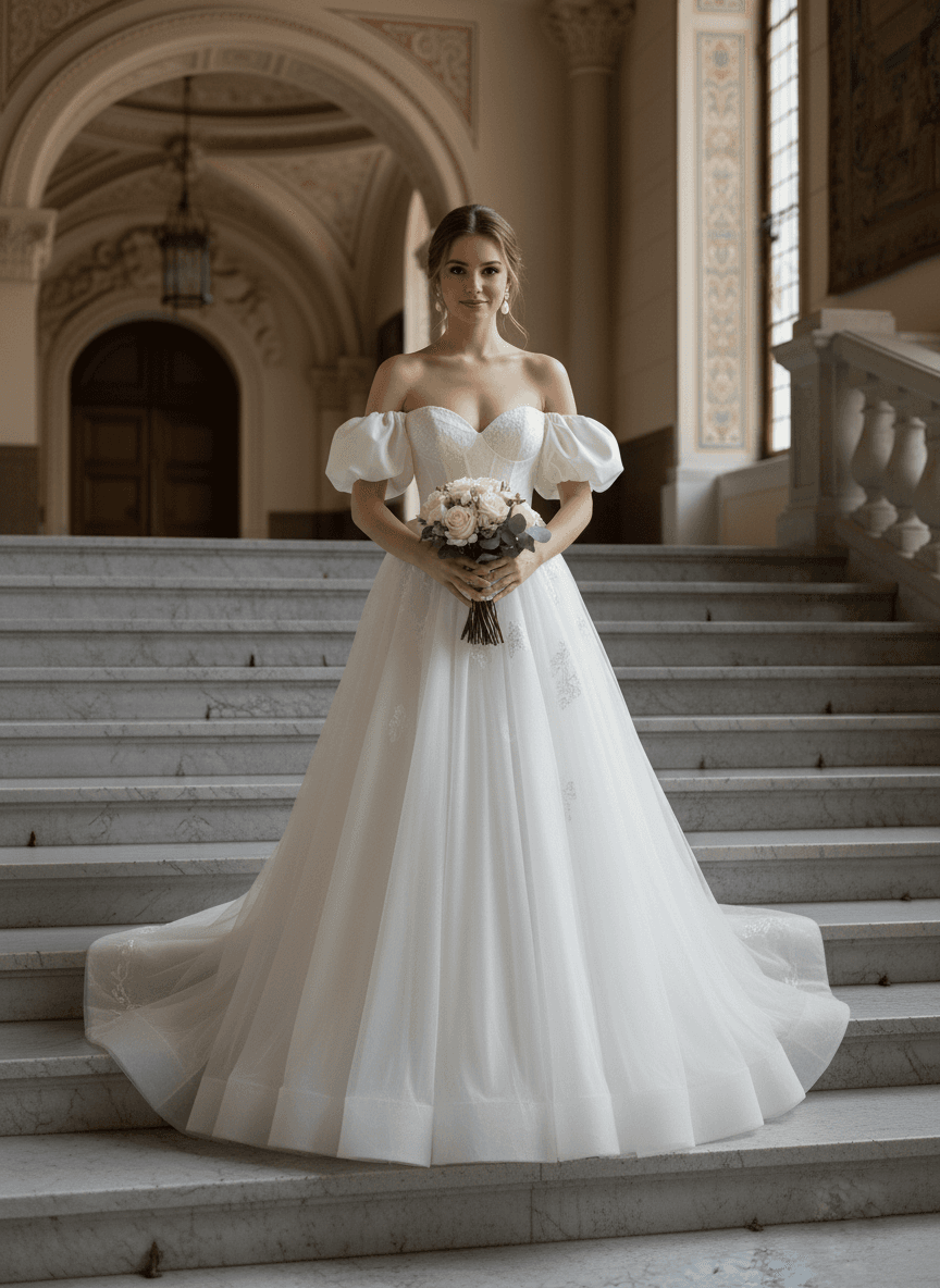 Vue de face d'une robe de mariée princesse volumineuse avec bustier épaules dénudées