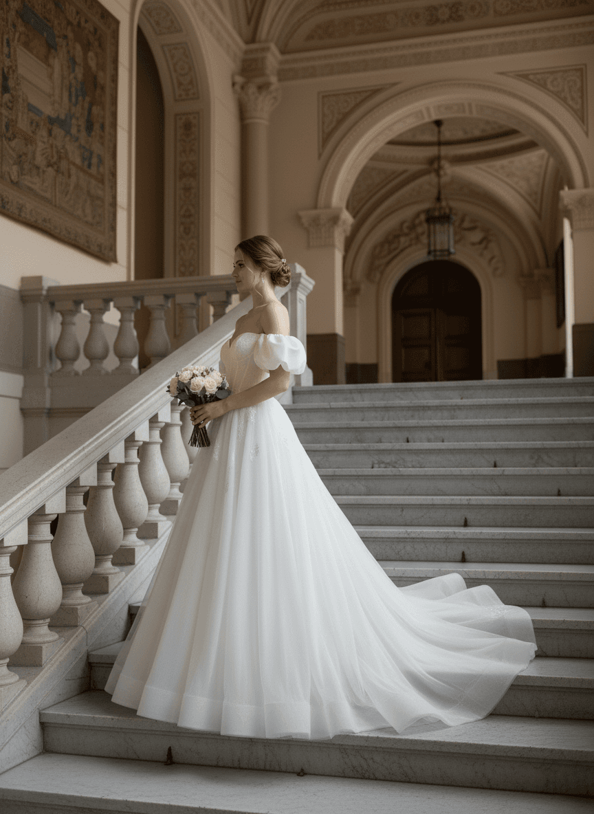 Vue de trois-quarts d'une robe de mariée princesse volumineuse en tulle