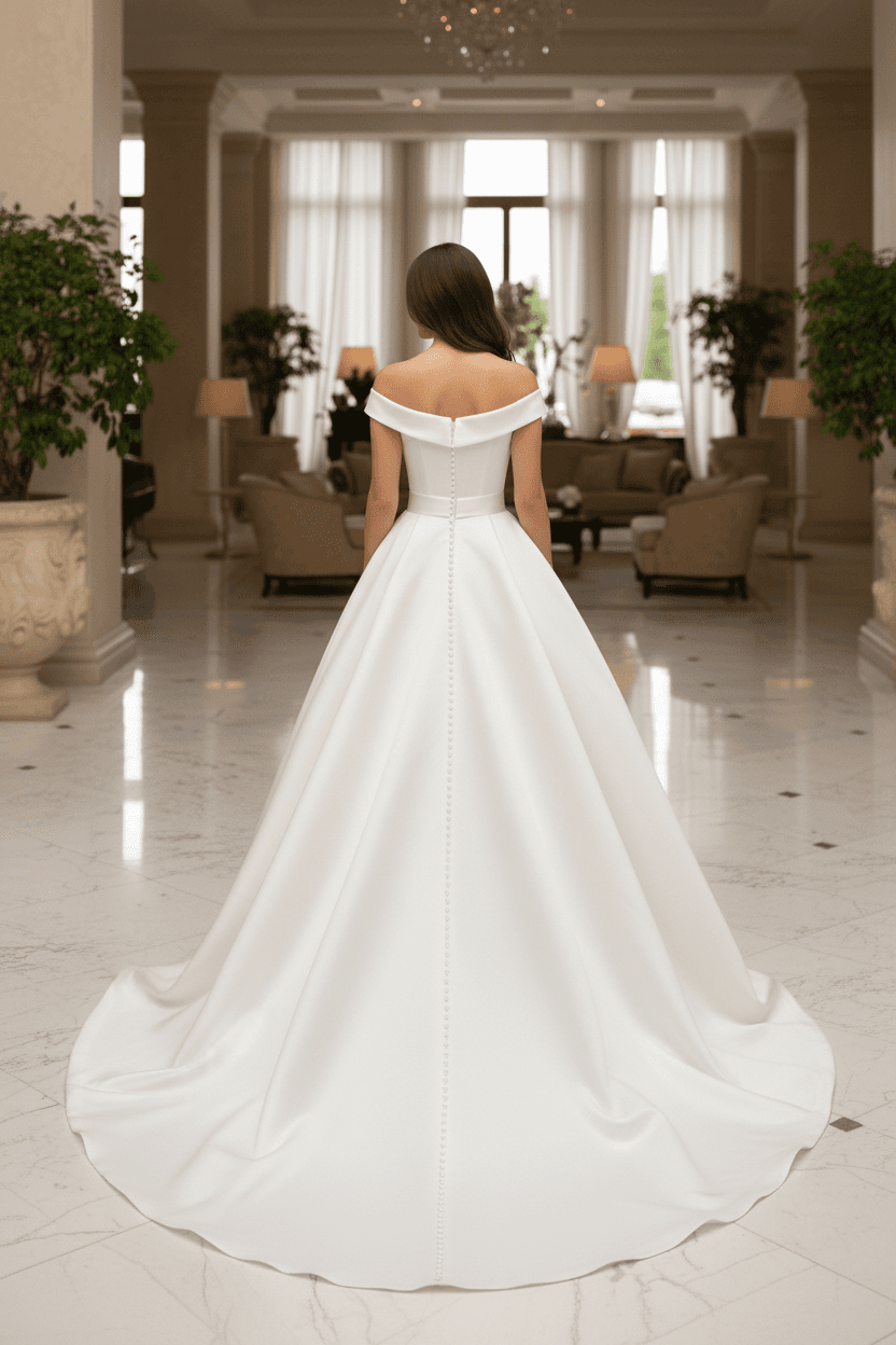 Vue de dos d'une robe de mariée satin col bateau avec traîne longue