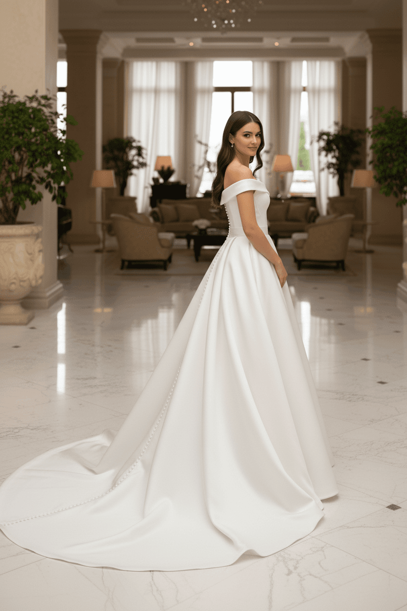 Vue de profil d'une robe de mariée satin col bateau fluide et chic