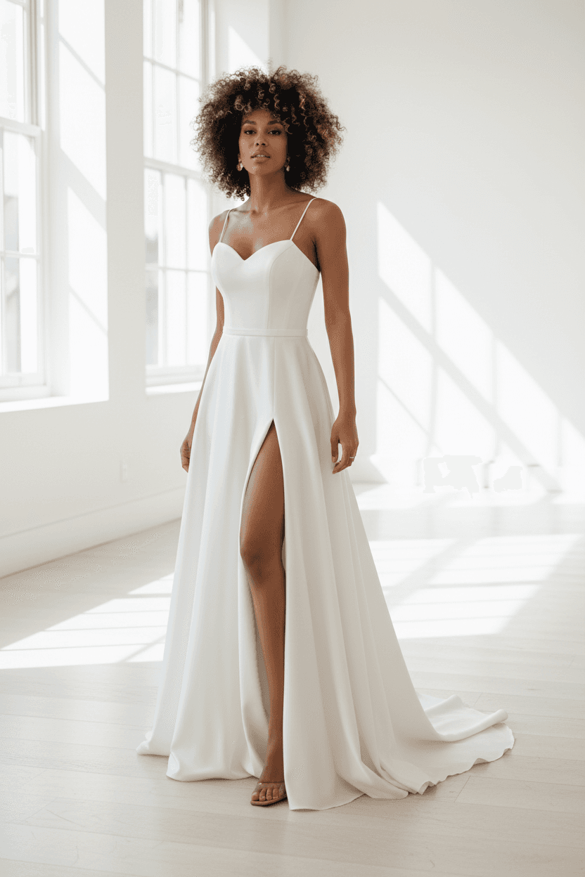 Vue de face robe de mariée satin simple fluide