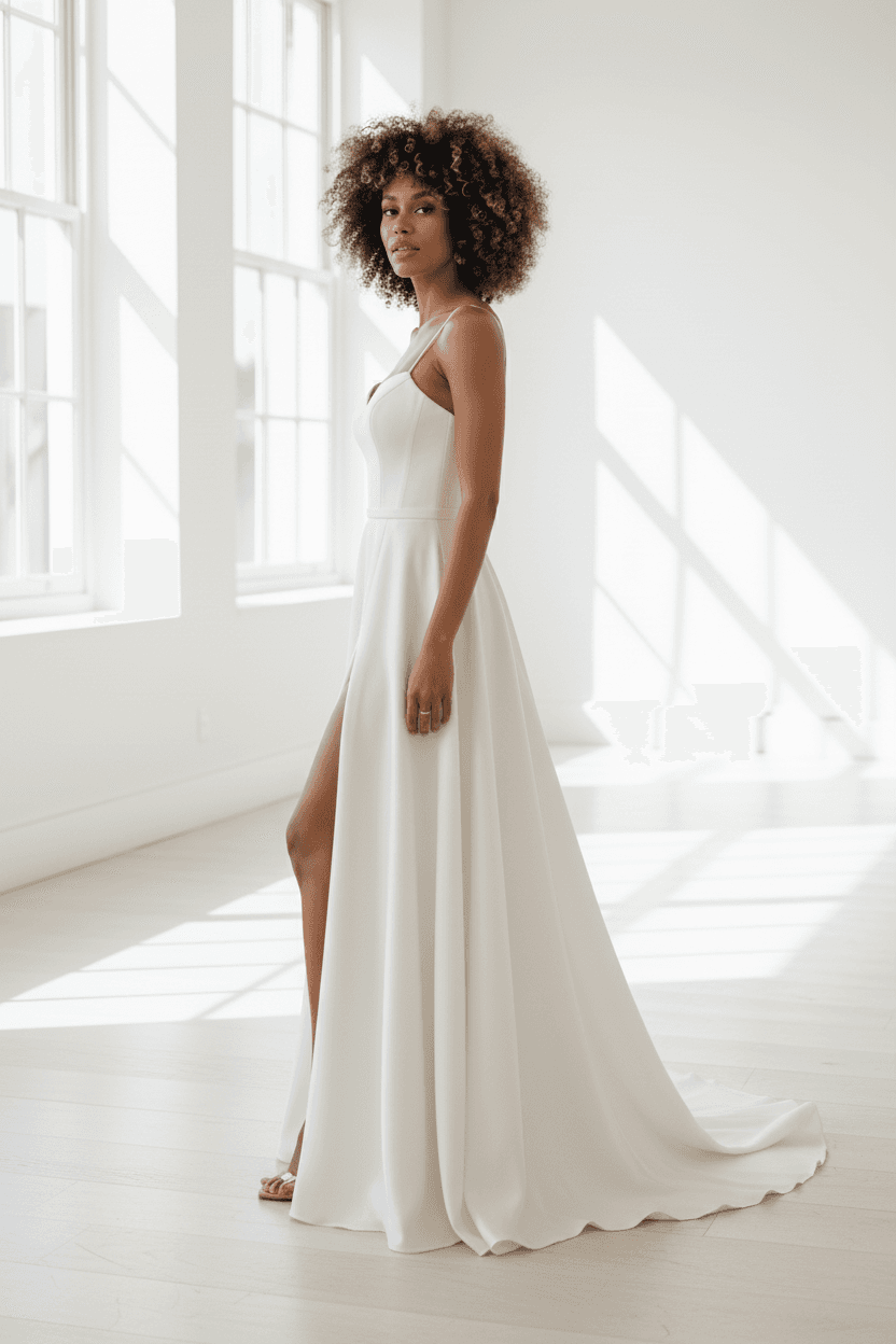 Vue de profil robe satin simple avec fente
