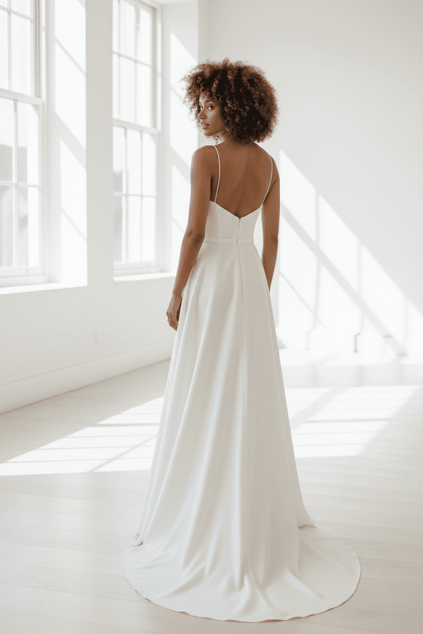 Vue de dos robe de mariée satin simple élégante