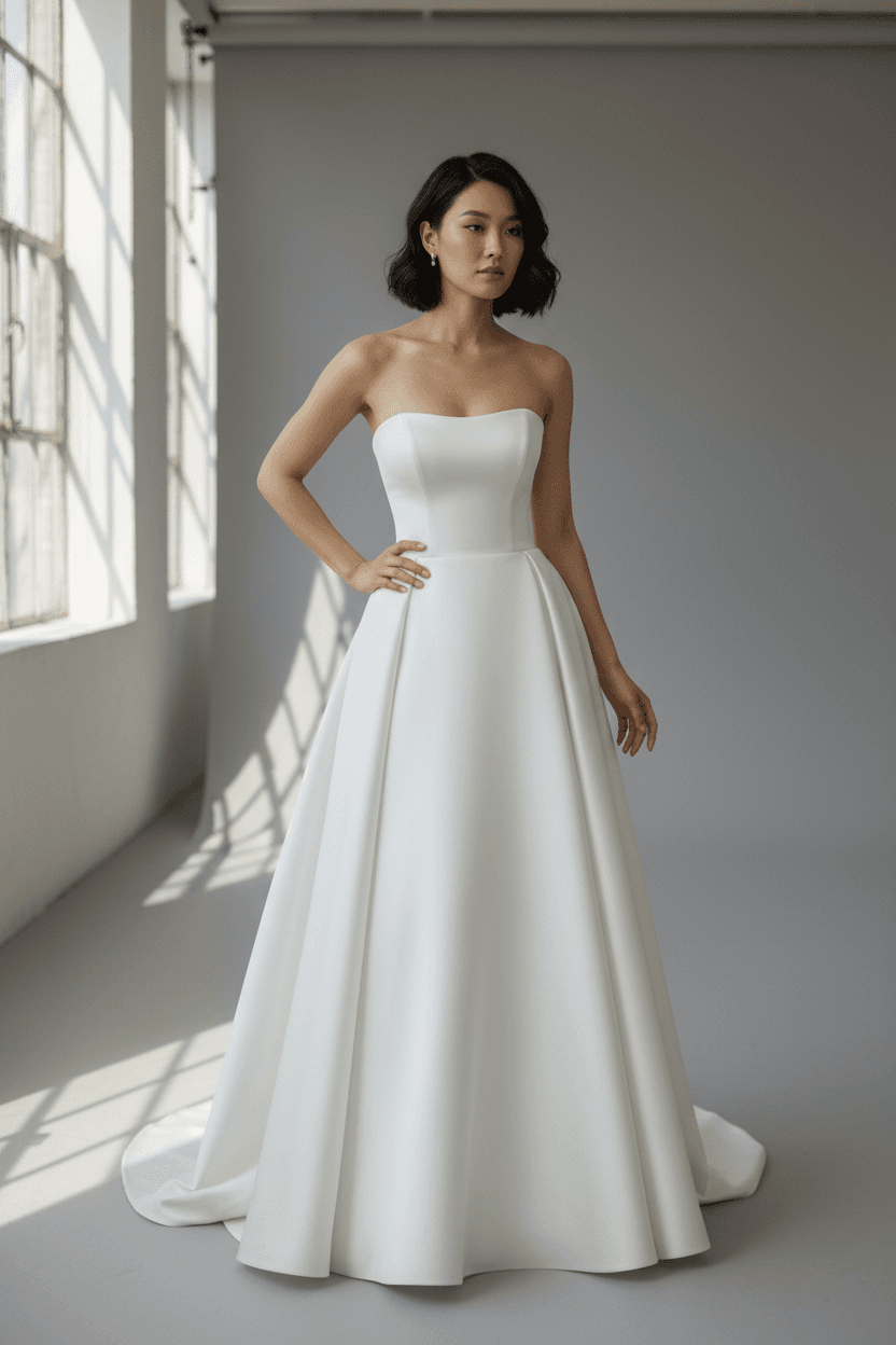 Vue de face d'une robe de mariée simple avec bustier et jupe fluide
