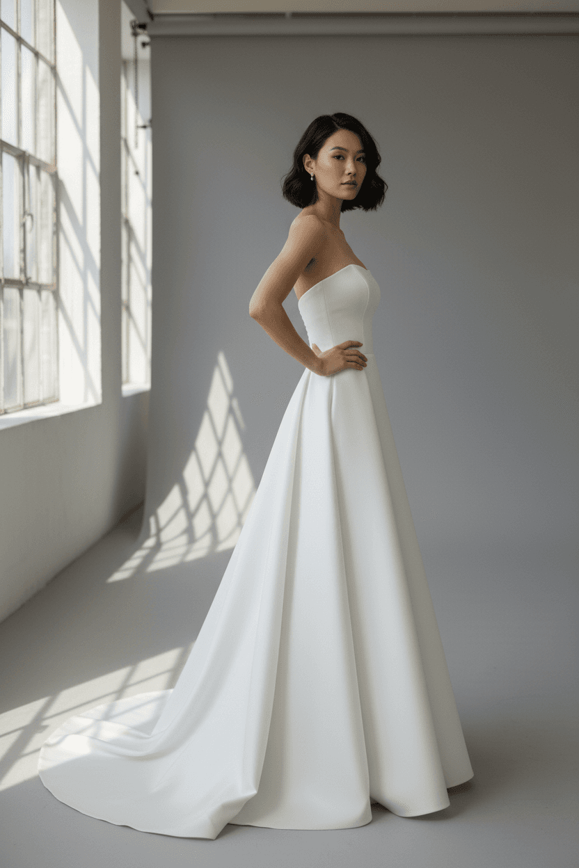 Vue de profil d'une robe de mariée simple bustier avec tombé fluide