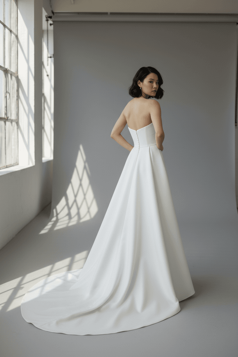 Vue de dos d'une robe simple bustier avec traîne discrète