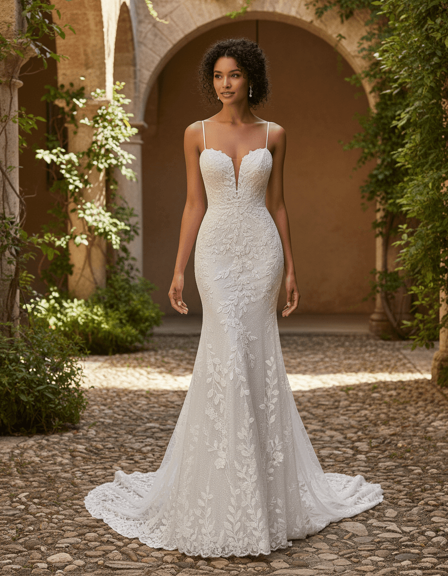 Vue de face d'une robe de mariée manche en dentelle avec bustier ajusté