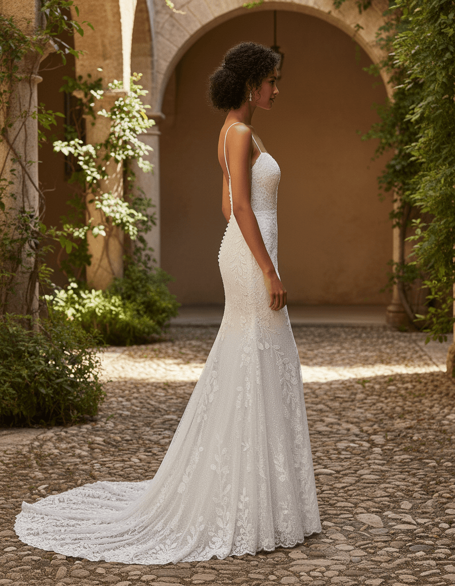 Vue de profil d'une robe de mariée manche en dentelle et traîne fluide