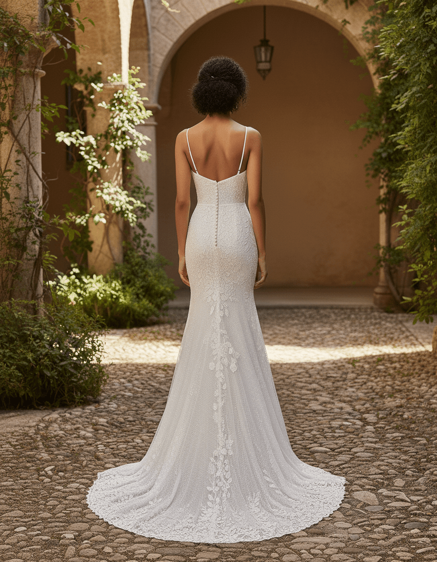 Vue de dos d'une robe de mariée manche en dentelle avec détails floraux