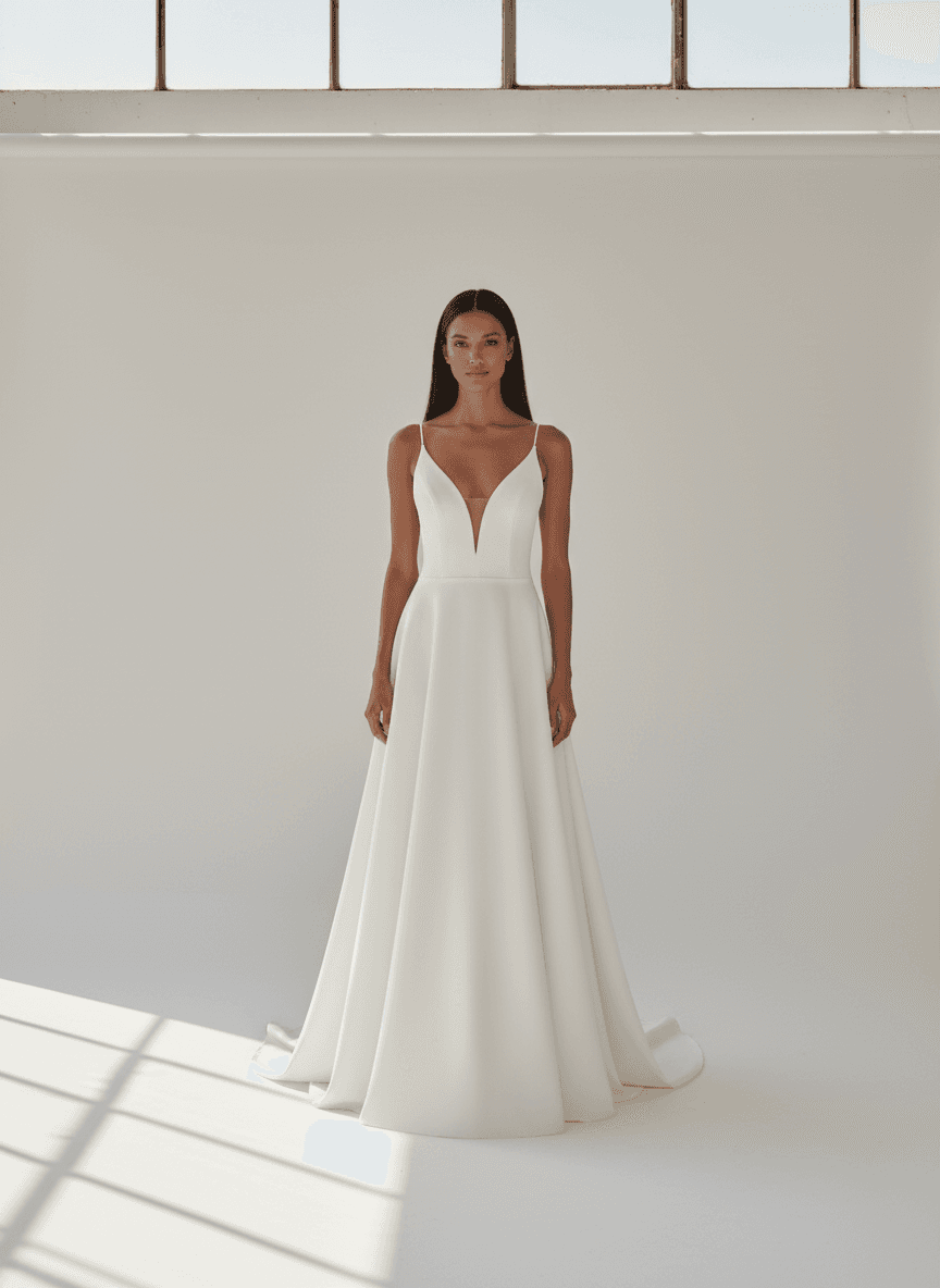 Vue de face d'une robe de mariée simple et chic avec décolleté en V