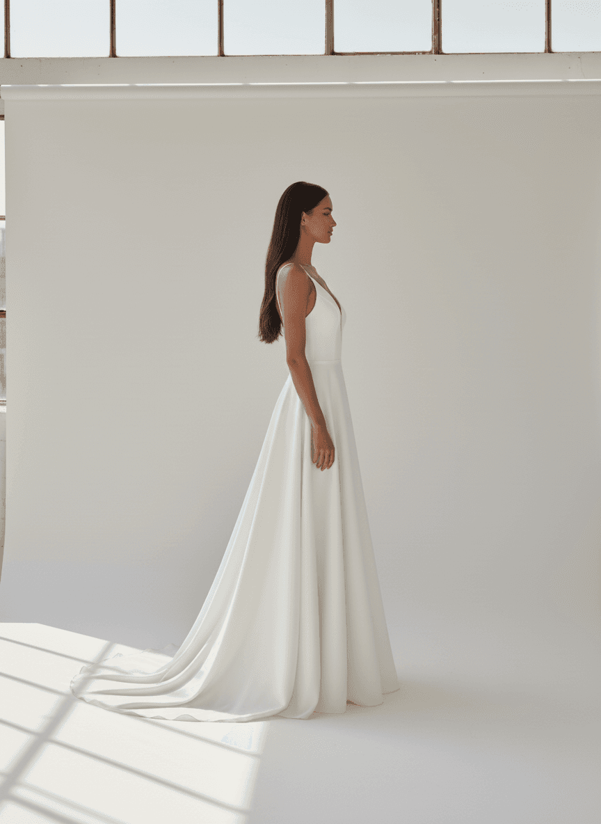 Vue de profil d'une robe de mariée simple et chic fluide avec traîne