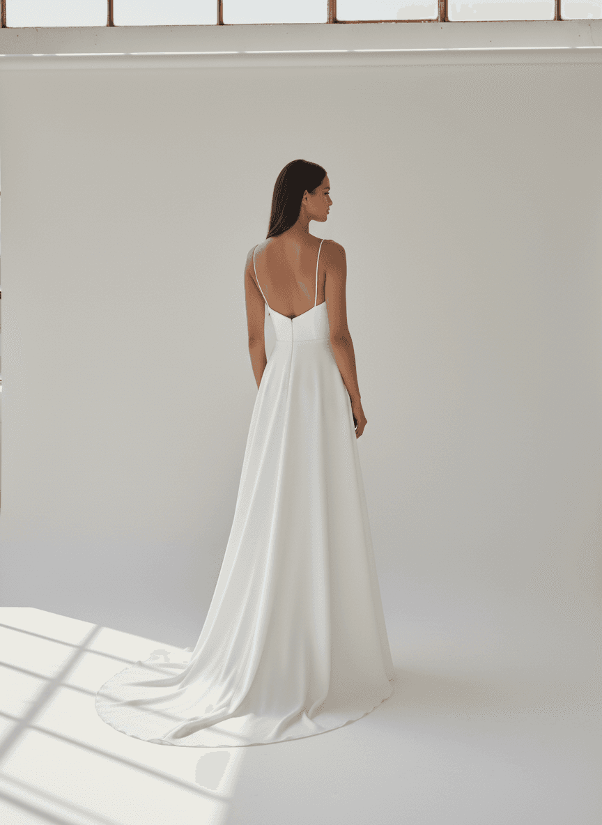 Vue de dos d'une robe de mariée simple et chic avec fines bretelles