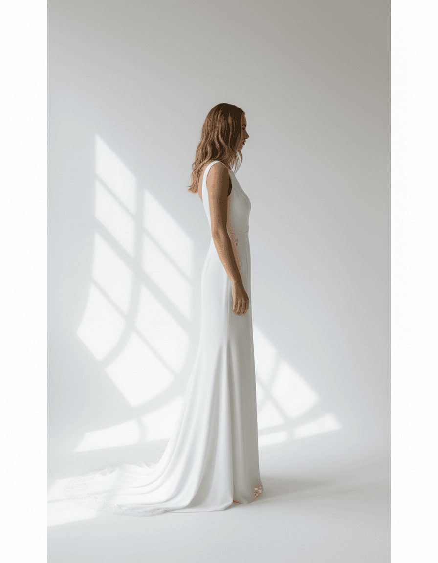 Vue de profil d'une robe de mariée sobre et classe avec traîne fluide