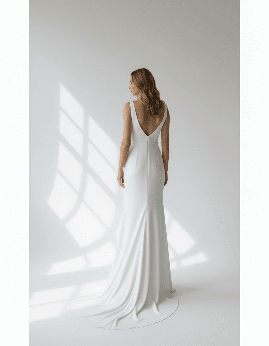Vue de dos d'une robe de mariée simple et classe avec décolleté en V