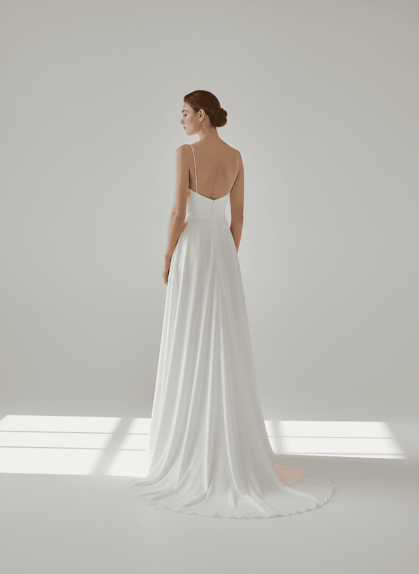 Vue de dos d'une robe de mariée simple et élégante traîne légère