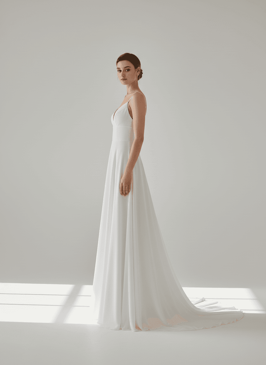 Vue de profil d'une robe de mariée simple et élégante longue
