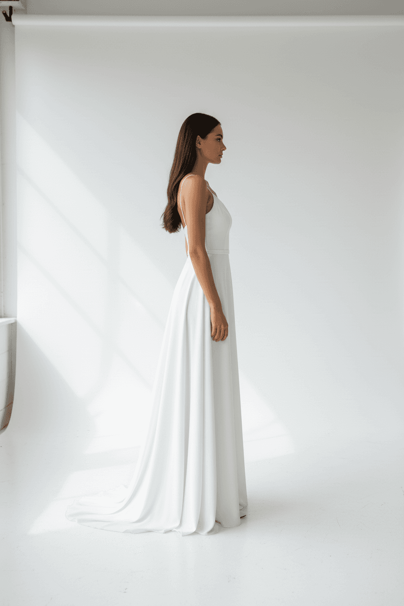 Vue de profil d'une robe de mariée simple et fluide aérienne