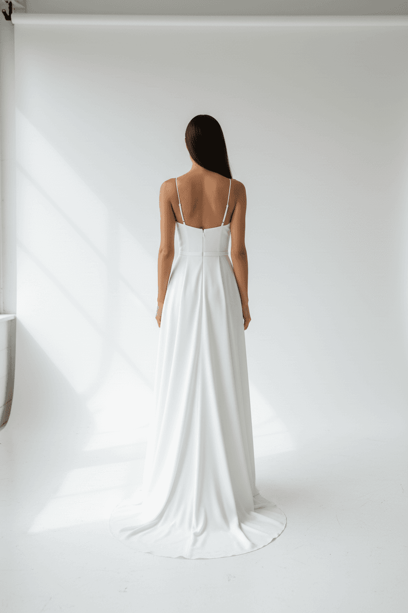 Vue de dos d'une robe de mariée simple et fluide avec bretelles fines