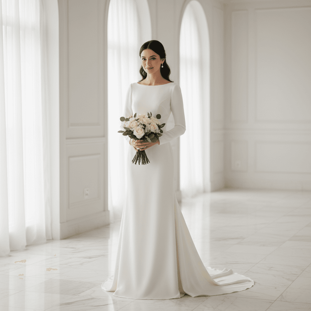 Vue de face d'une robe de mariée simple à manches longues avec encolure bateau