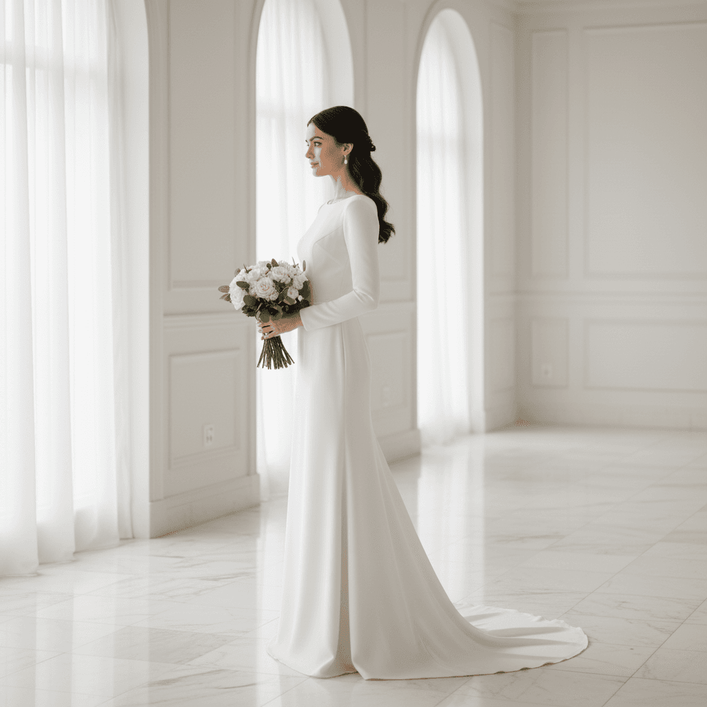 Vue de profil d'une robe de mariée simple manche longue avec traîne fluide