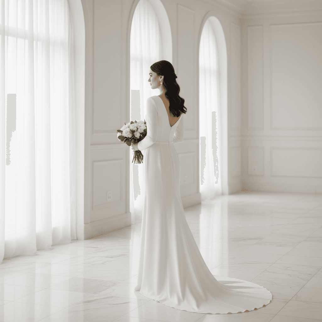 Vue de dos d'une robe de mariée simple manche longue avec dos échancré