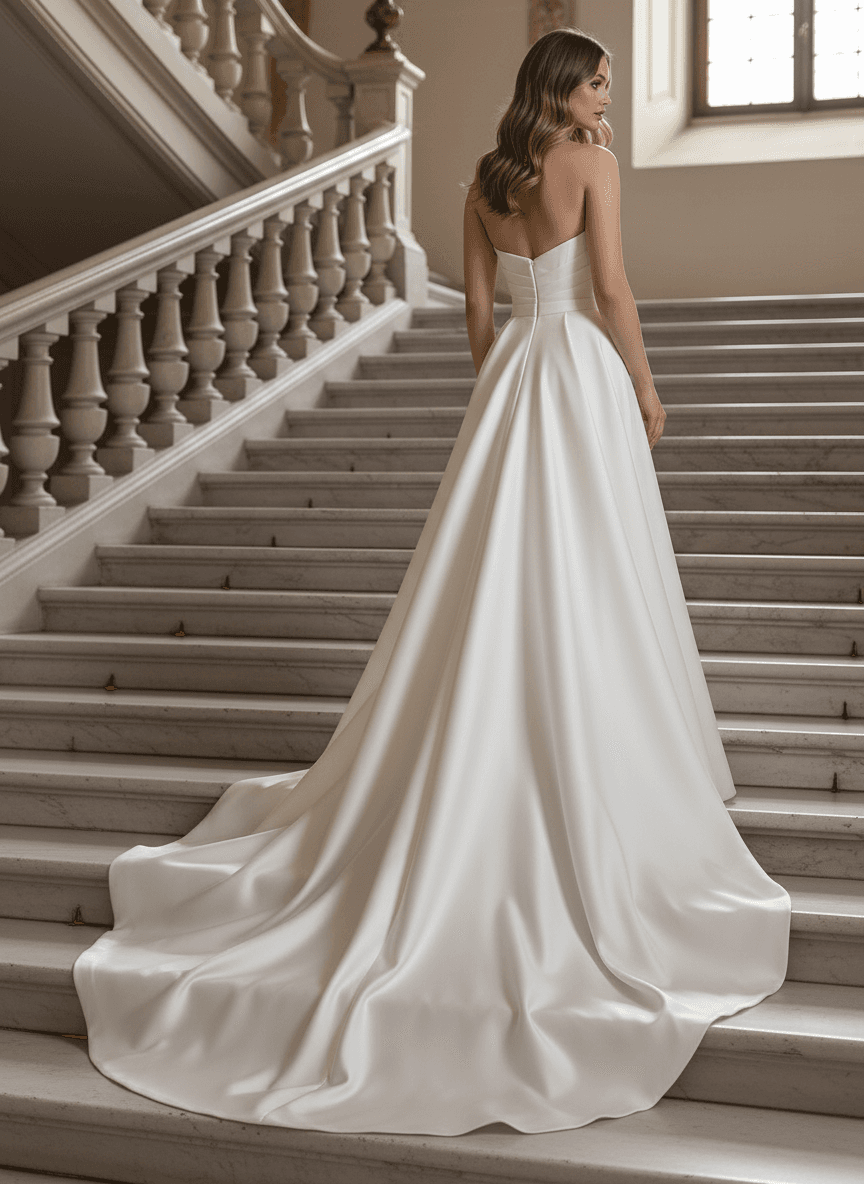 Vue de dos d'une robe de mariée sirène bustier avec longue traîne fluide