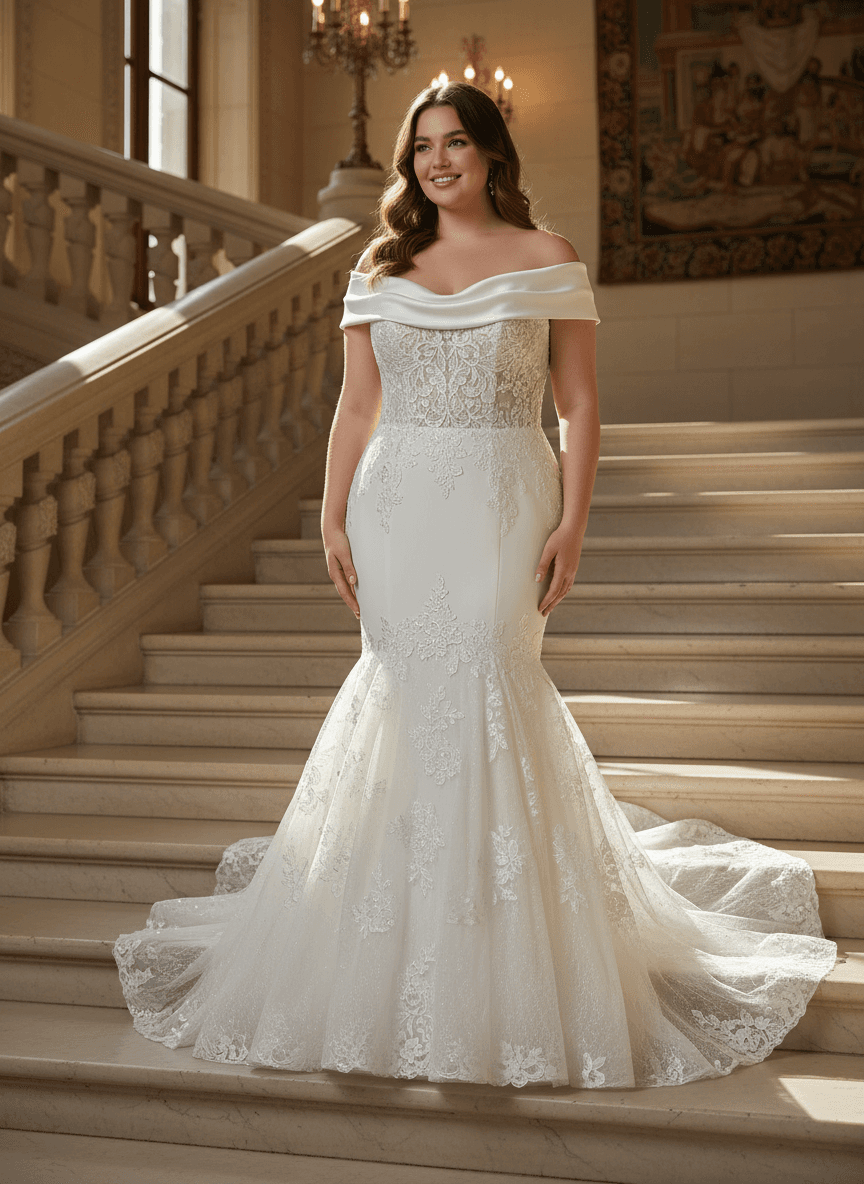 Robe de mariée sirène chic en dentelle et bardot