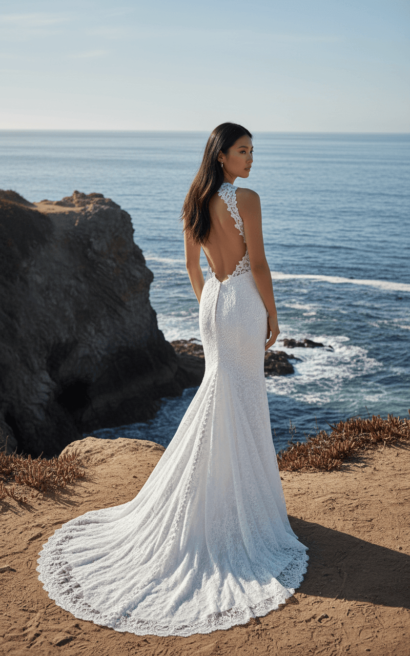 Vue de dos d'une robe sirène élégante en dentelle avec dos nu