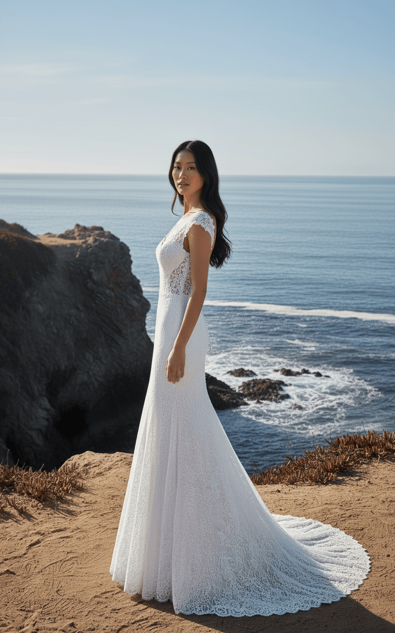 Vue de profil d'une robe de mariée sirène dos nu en dentelle