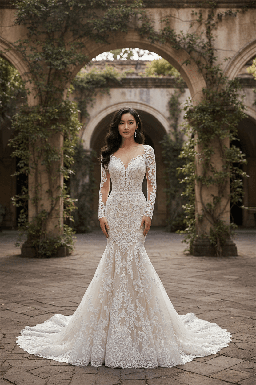 Vue de face d'une robe de mariée sirène en dentelle avec manches longues