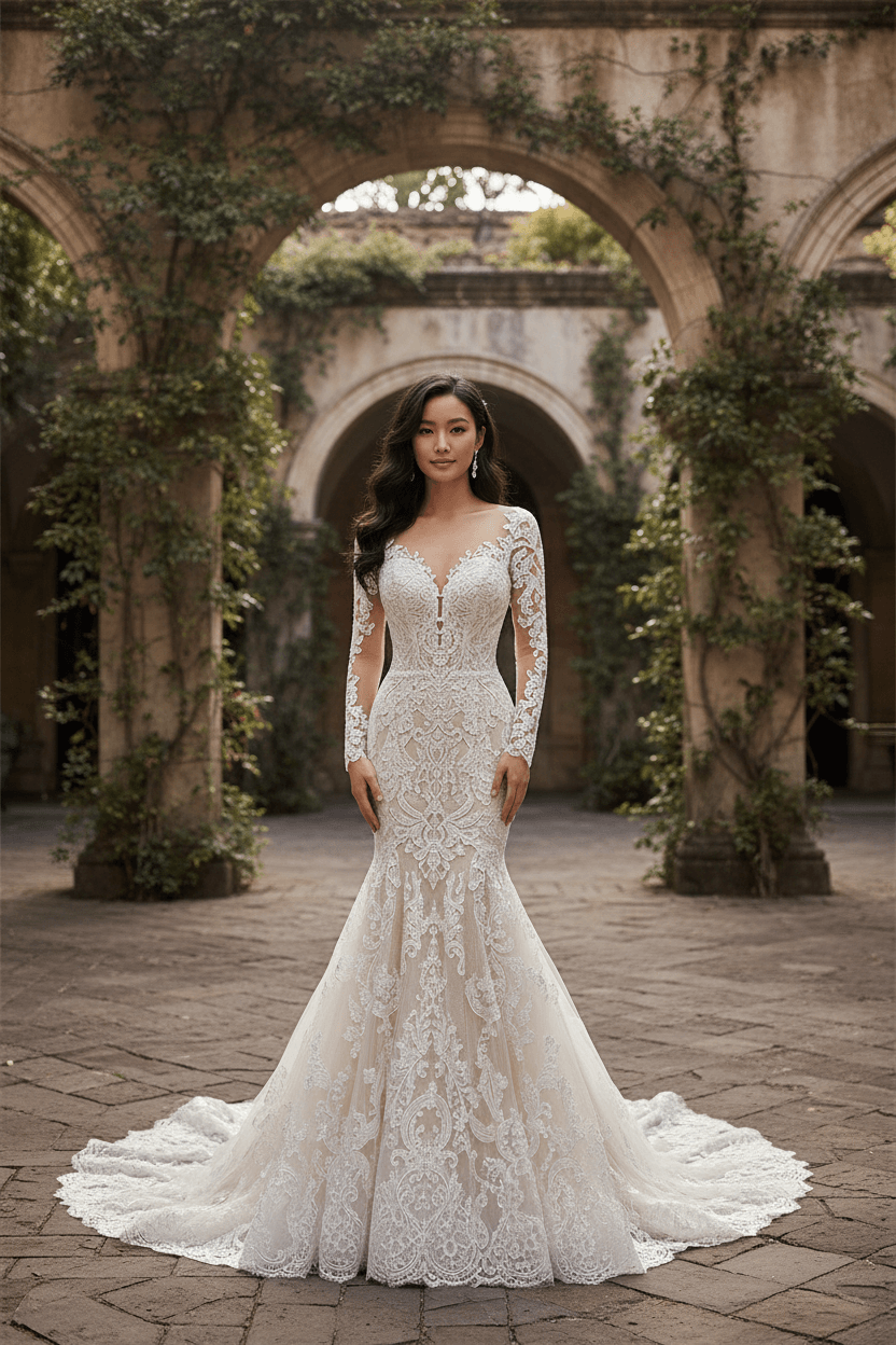 Vue de face d'une robe de mariée sirène en dentelle avec manches longues