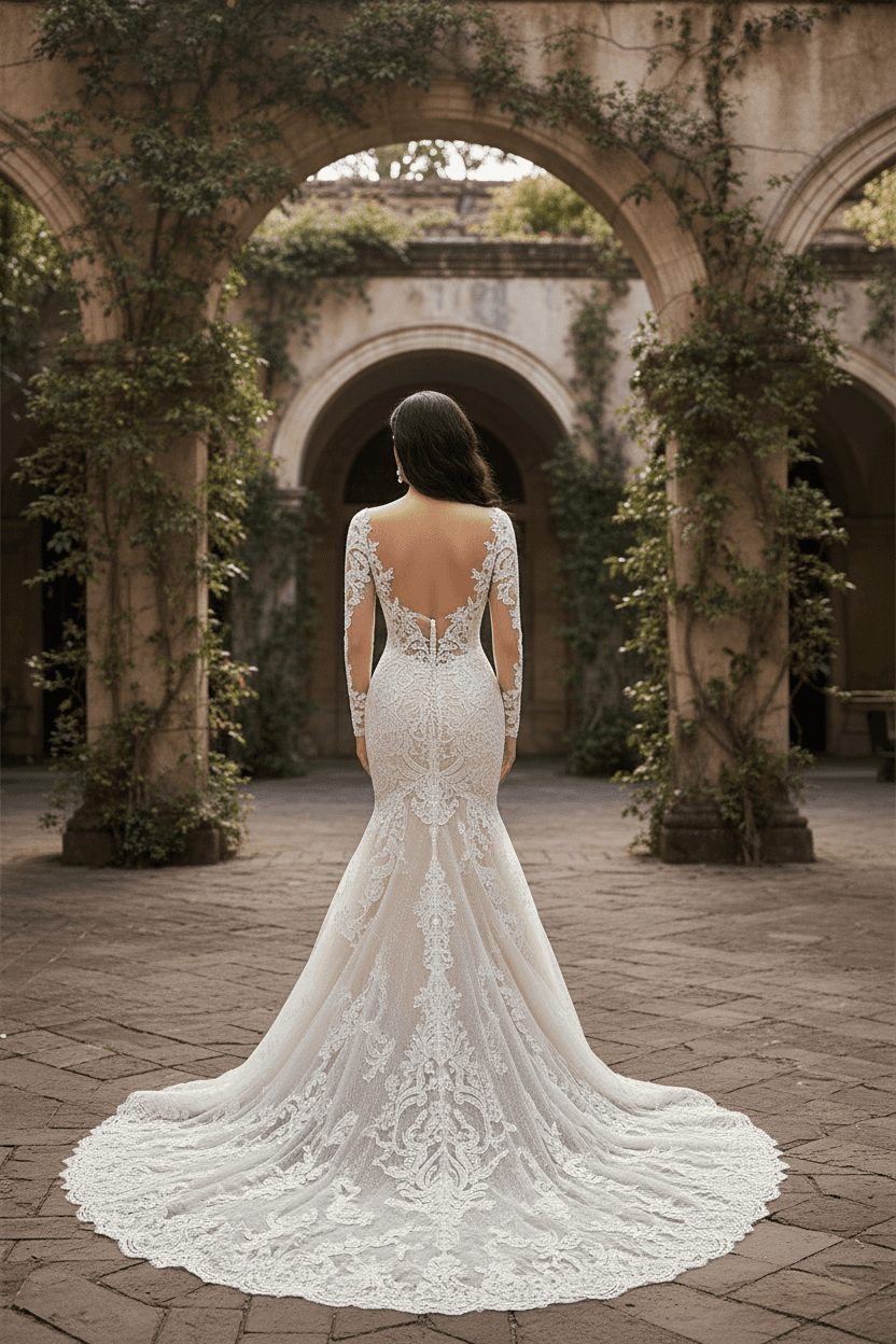 Vue de dos d'une robe de mariée sirène en dentelle avec traîne brodée