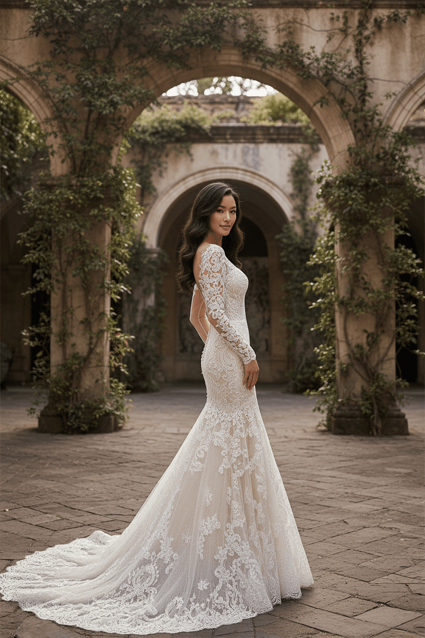 Profil d'une robe de mariée sirène en dentelle élégante et ajustée