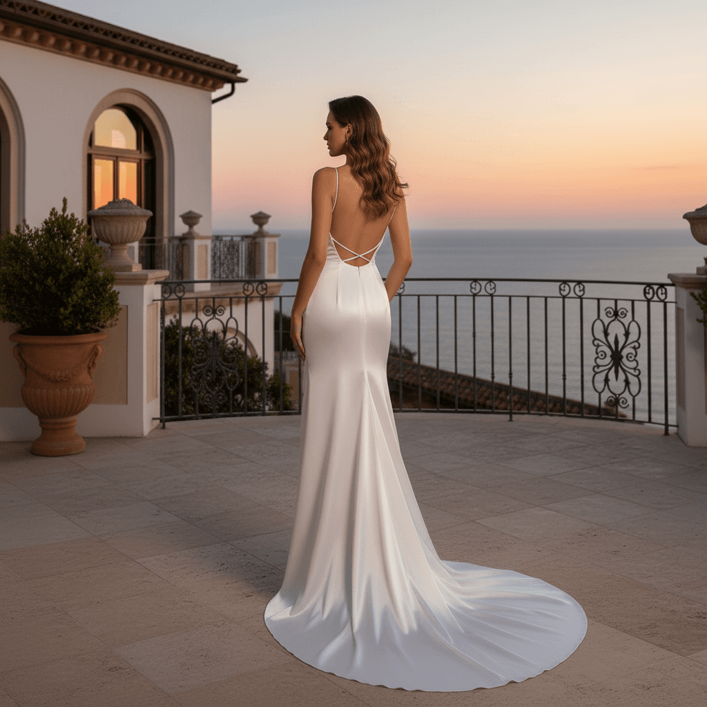 Vue de dos d'une robe de mariée sirène fendue avec dos nu à bretelles croisées